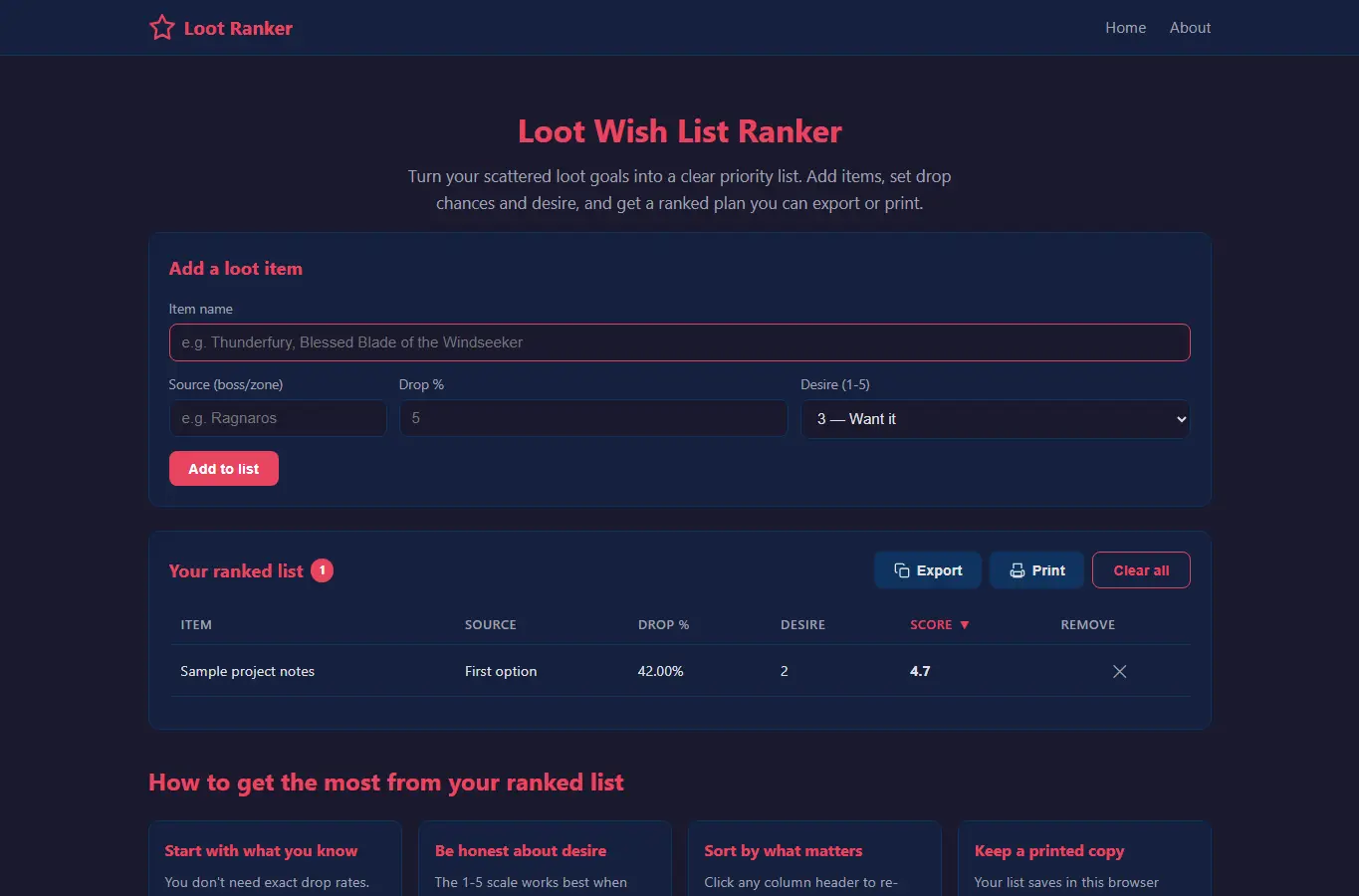 Screenshot of Loot Wish List Ranker interface showing the project page in use